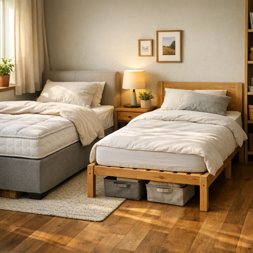 Cama box ou cama com estrado: qual é melhor em quarto com duas camas, tapete claro e luminária