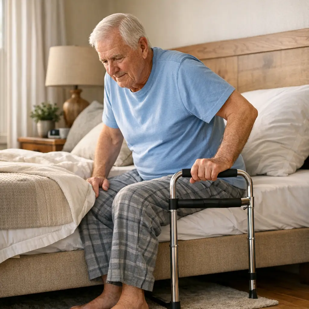 Cama ideal para idoso: altura e colchão certos, homem idoso sentado na beira da cama usando apoio para levantar