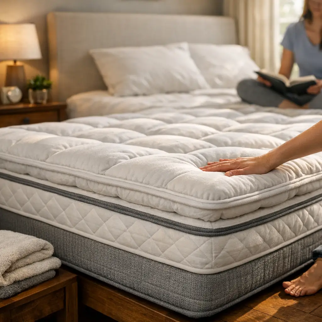 Colchão com pillow top é bom mesmo: vale a pena? mão apertando colchão macio com pessoa lendo na cama