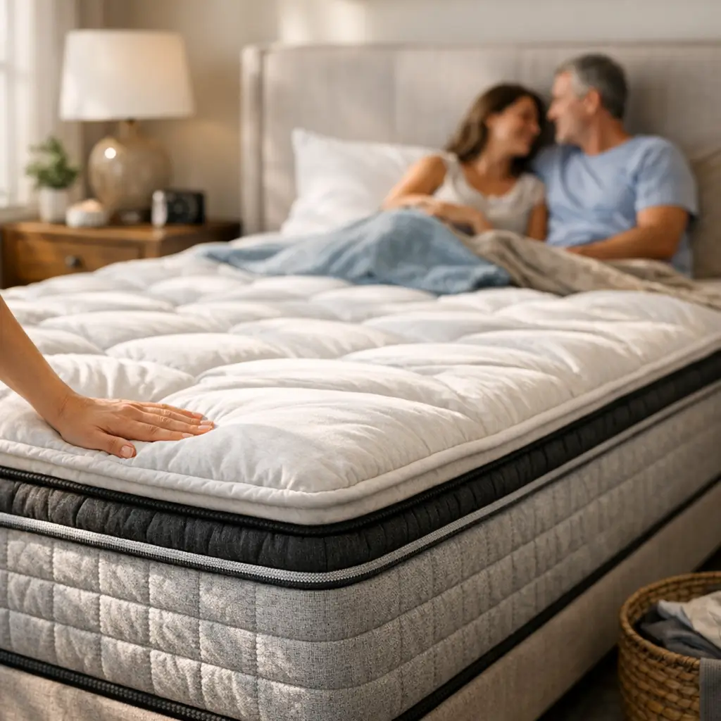 Colchão com pillow top é bom mesmo: vale a pena? mão testando colchão com casal deitado ao fundo