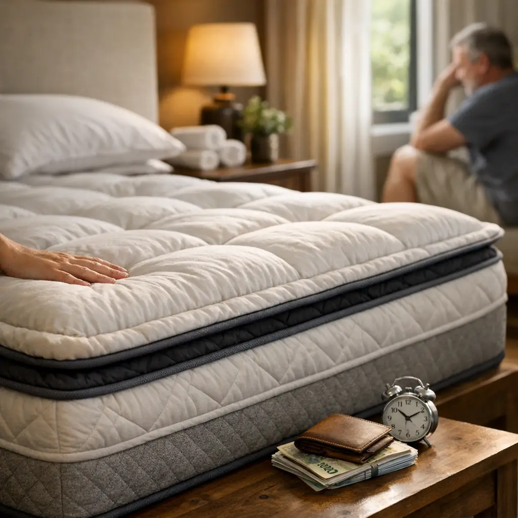 Colchão com pillow top é bom mesmo: vale a pena? mão testando colchão macio com dinheiro, carteira e relógio na mesa