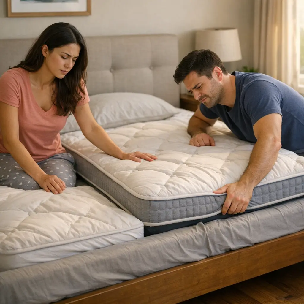 Colchão de casal na cama queen: pode ou não pode? casal ajustando colchão dividido desalinhado na base