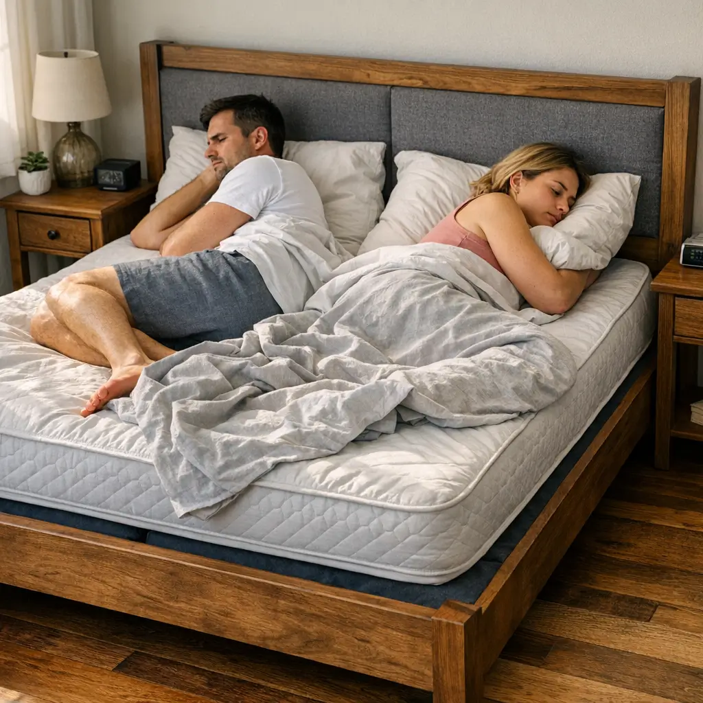 Colchão de casal na cama queen: pode ou não pode? casal dormindo em colchão claro desalinhado na base de madeira