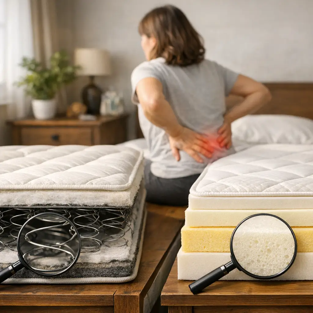 Colchão de molas ou espuma: qual é melhor? comparação das camadas internas com lupa e mulher com dor nas costas ao fundo