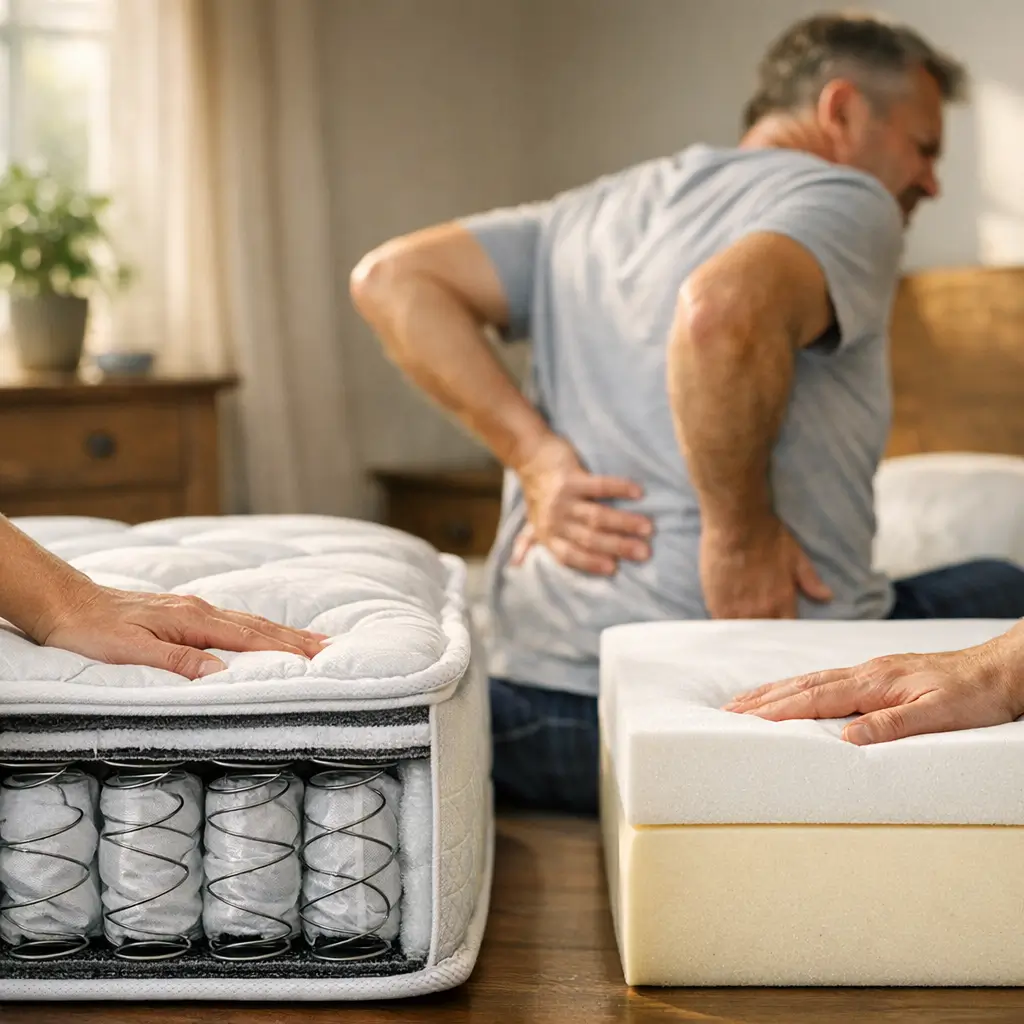 Colchão de molas ou espuma: qual é melhor? homem comparando colchão de molas e colchão de espuma com dor nas costas