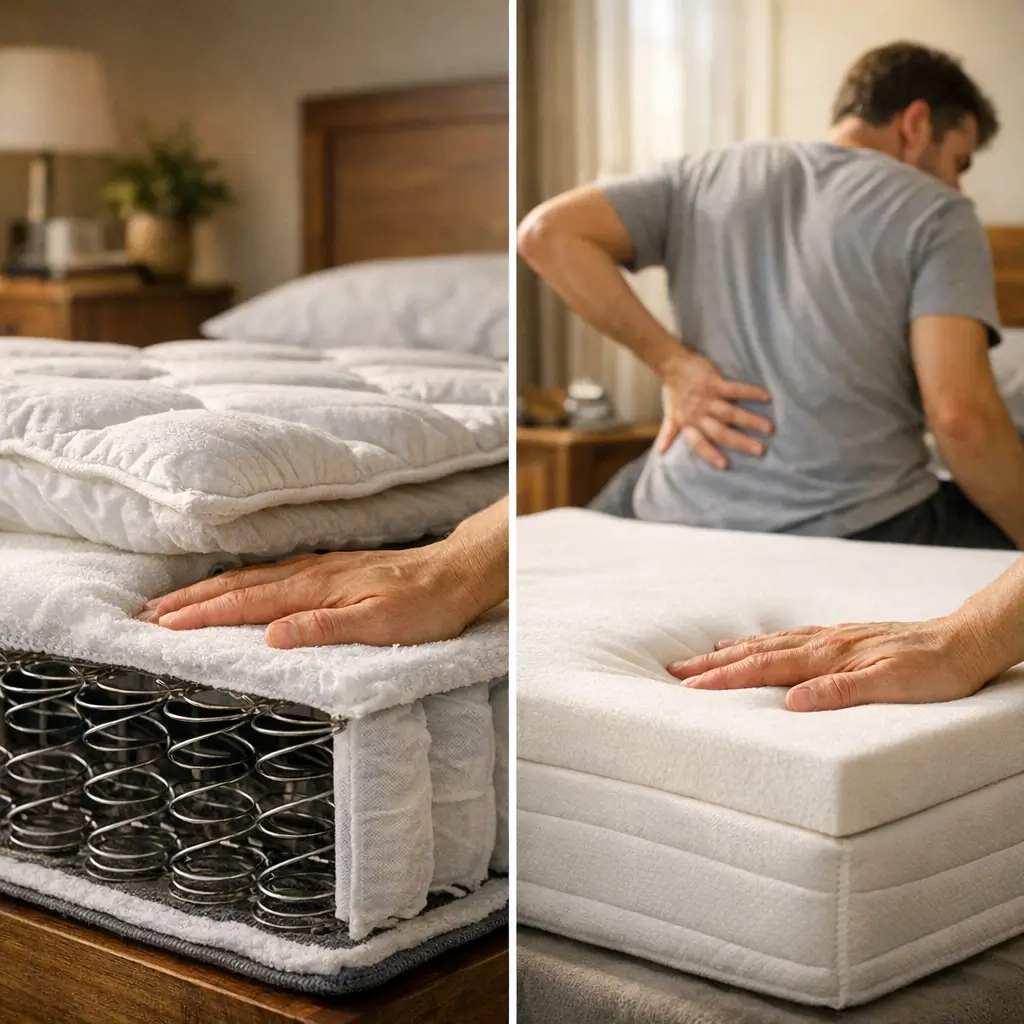Colchão de molas ou espuma: qual é melhor? mão testando colchão de molas e colchão de espuma com homem com dor nas costas ao fundo