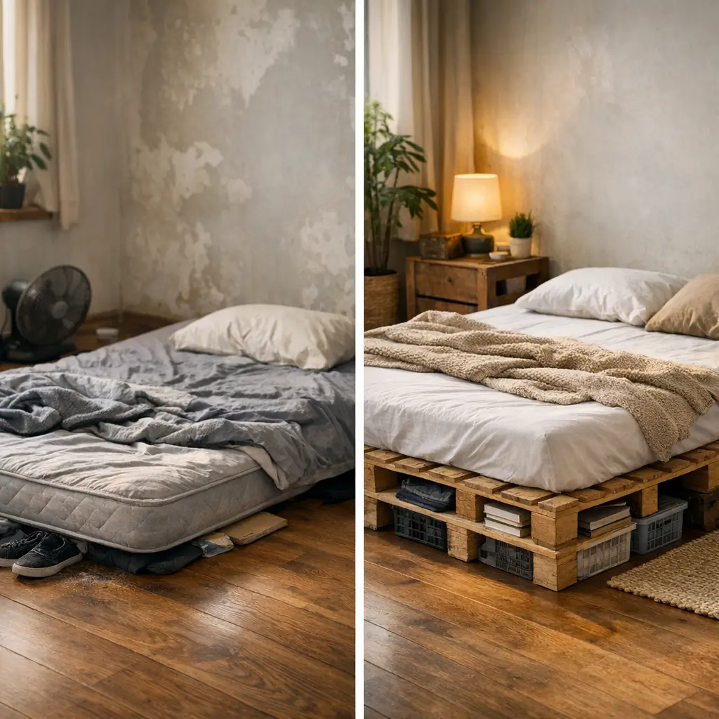 Colchão no chão faz mal: riscos e soluções com comparação de colchão no chão e cama elevada em pallets