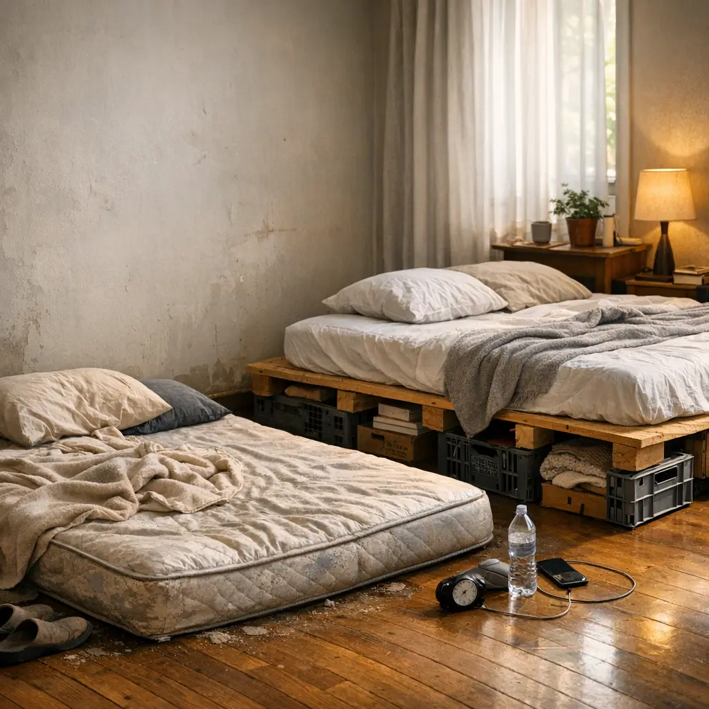 Colchão no chão faz mal: riscos e soluções com quarto simples, colchão velho direto no chão e cama em pallets ao fundo