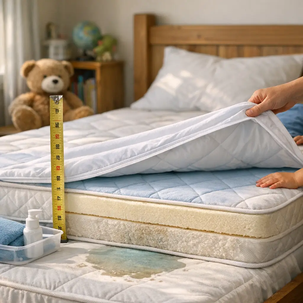 Colchão para criança: como escolher o ideal com altura medida, protetor levantado e mancha de xixi sendo limpa