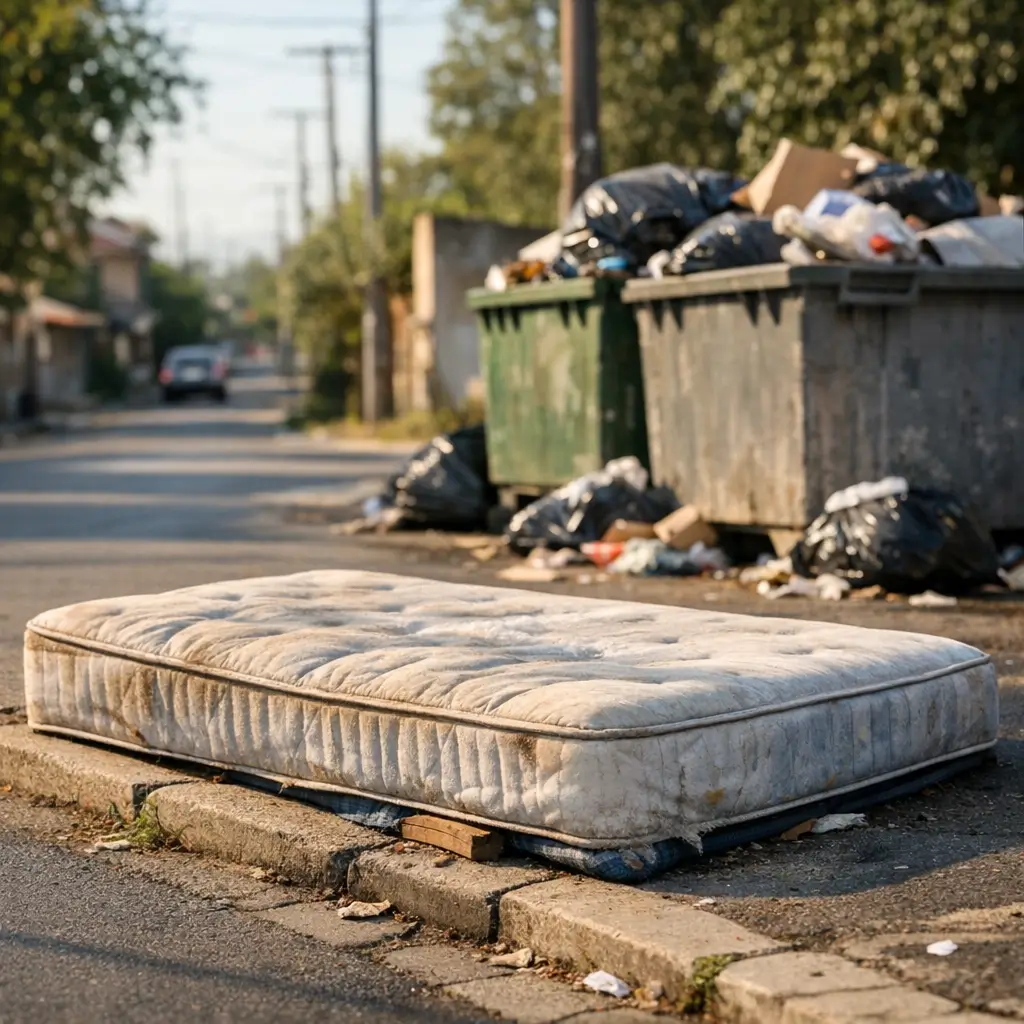 Como descartar colchão velho: onde jogar fora colchão velho jogado na calçada perto de lixeiras cheias