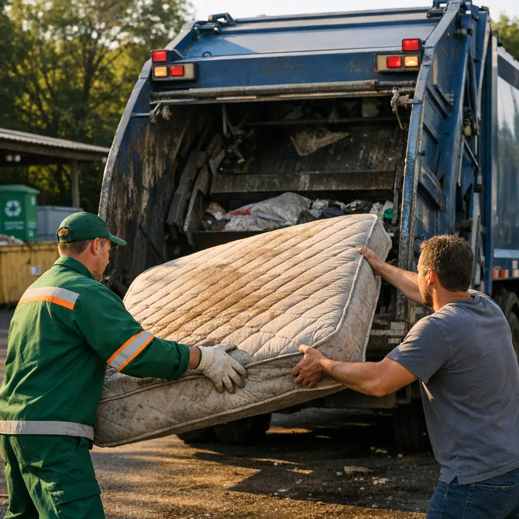 Como descartar colchão velho: onde jogar fora colchão velho sendo colocado em caminhão de lixo por dois homens