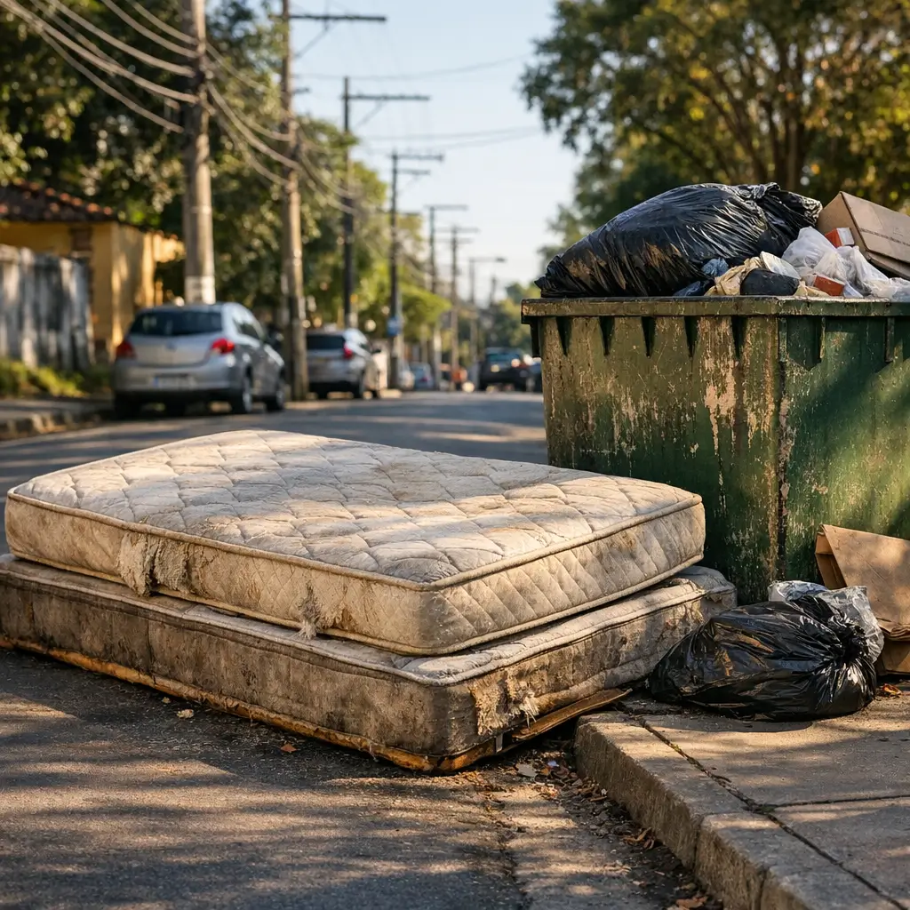 Como descartar colchão velho: onde jogar fora colchões velhos largados na rua ao lado de caçamba de lixo