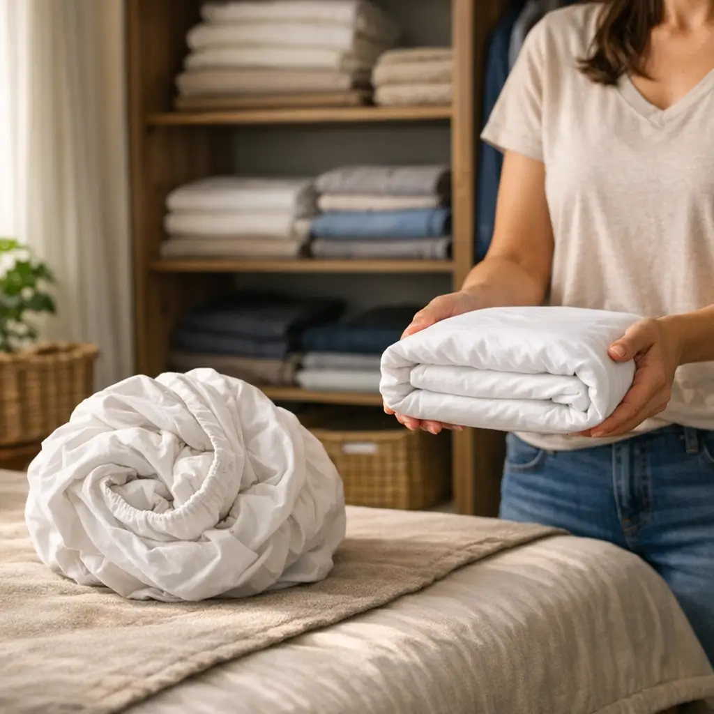Como dobrar lençol de elástico e guardar sem amassar com lençol branco dobrado nas mãos e outro enrolado sobre a cama