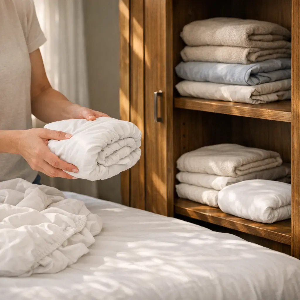 Como dobrar lençol de elástico e guardar sem amassar em armário com lençóis brancos dobrados