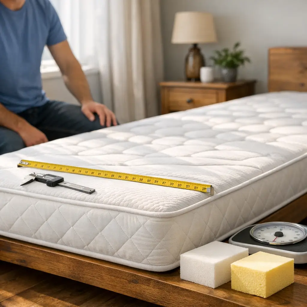 Como escolher colchão de solteiro para adulto com homem avaliando colchão em cama de madeira, trena, paquímetro e espumas ao lado