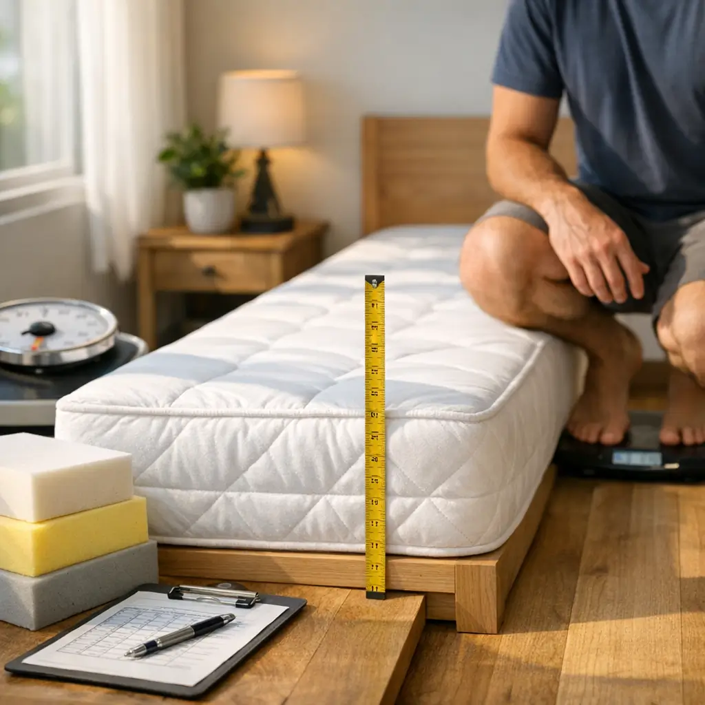 Como escolher colchão de solteiro para adulto com homem medindo altura do colchão com trena e blocos de espuma ao lado