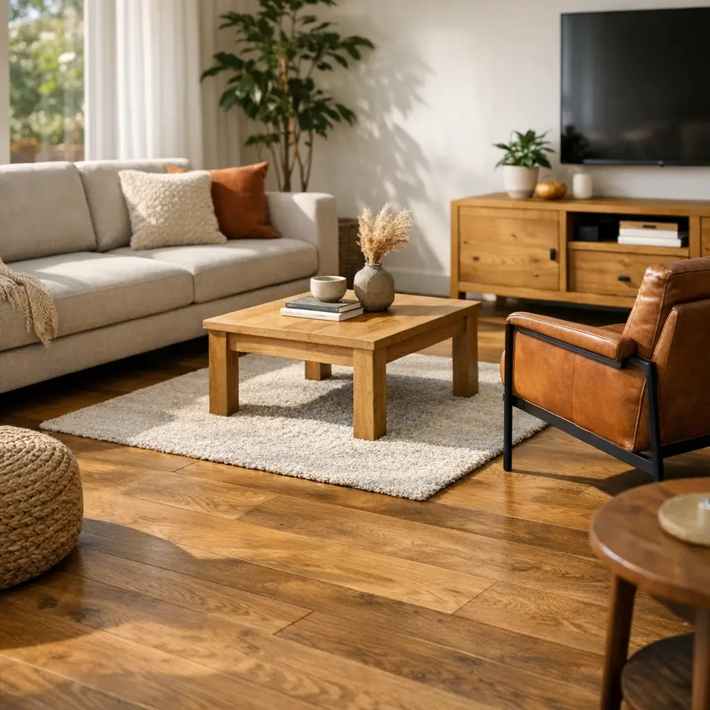 Como escolher tapete para sala: tamanho ideal com mesa de centro, sofá e poltrona sobre tapete claro