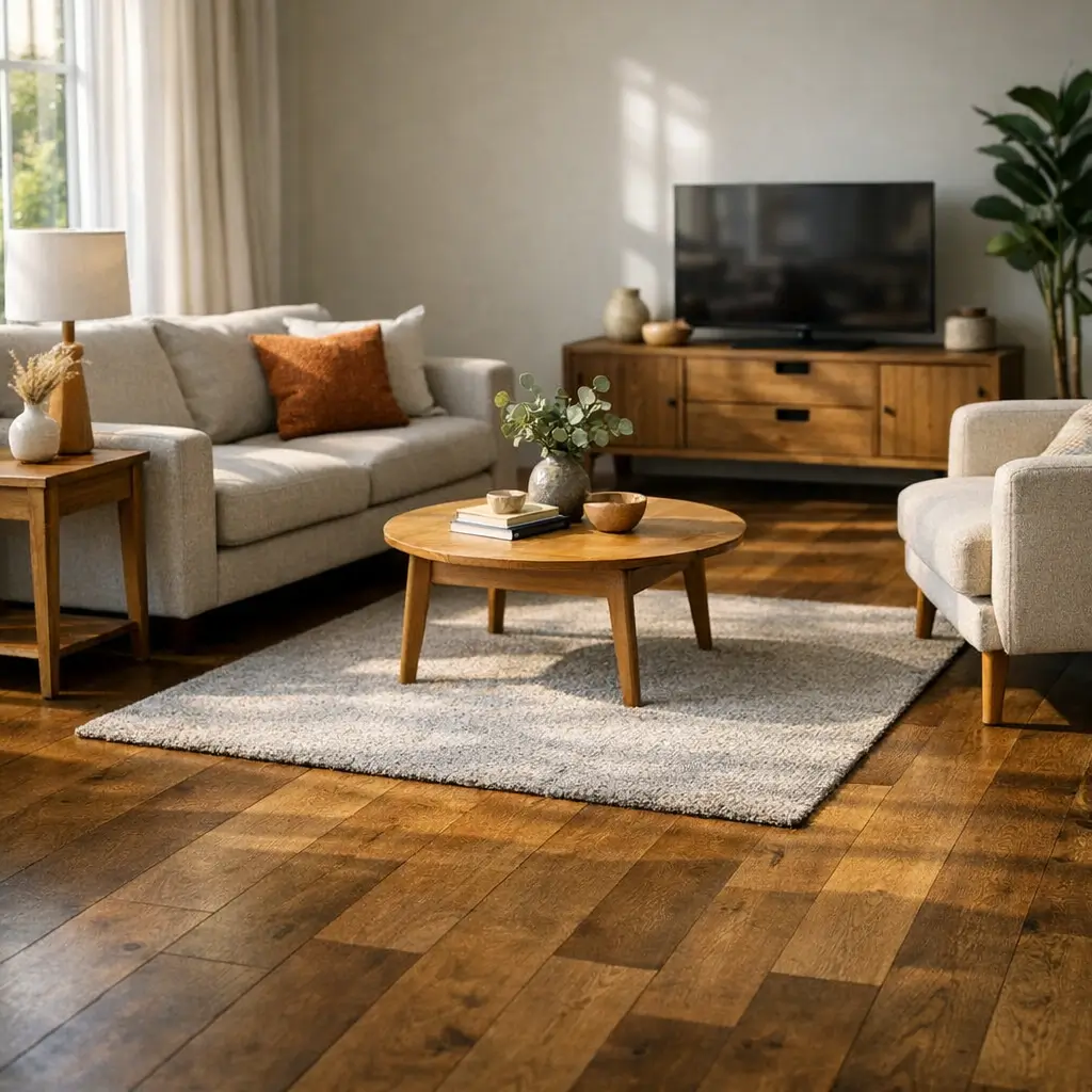 Como escolher tapete para sala: tamanho ideal com tapete sob mesa redonda e sofá