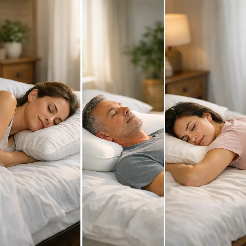 Como escolher travesseiro certo pra coluna e pescoço com pessoas dormindo em travesseiros brancos na cama