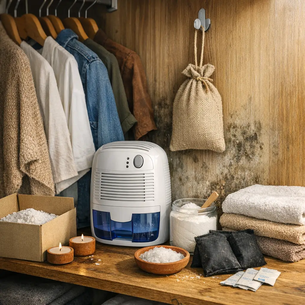 Como evitar mofo no guarda-roupa em casa úmida com desumidificador, sachês antimofo e roupas penduradas no armário