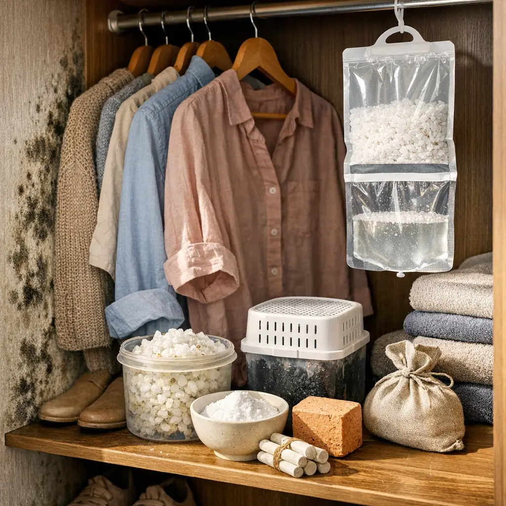Como evitar mofo no guarda-roupa em casa úmida com roupas penduradas, parede mofada e potes antimofo dentro do armário