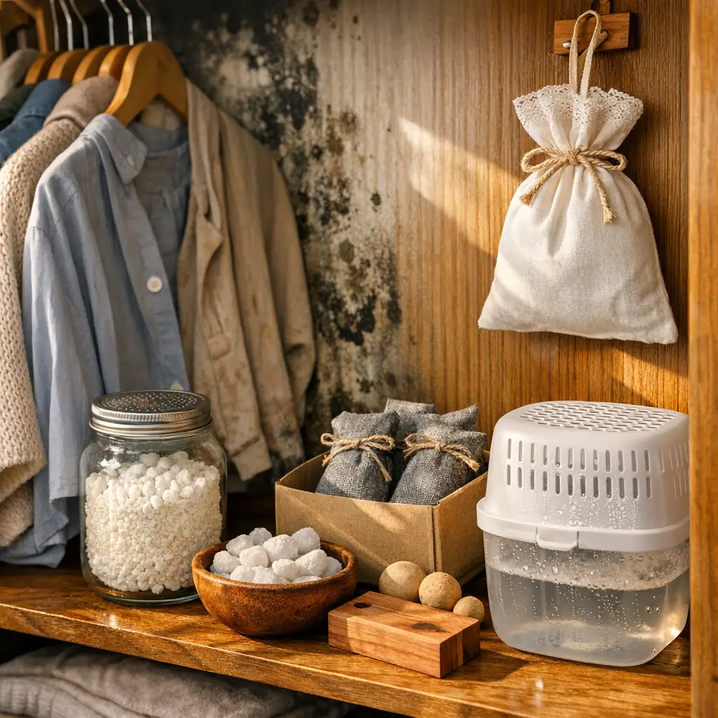 Como evitar mofo no guarda-roupa em casa úmida com roupas penduradas, parede mofada e sachês antimofo no armário