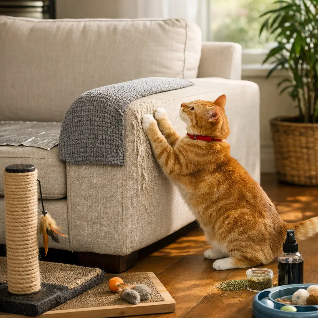 Como evitar que o gato afie a unha no sofá em casa com gato arranhando sofá claro ao lado de arranhador