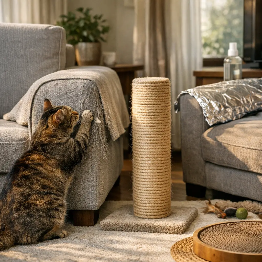 Como evitar que o gato afie a unha no sofá em casa com gato arranhando sofá e arranhador próximo