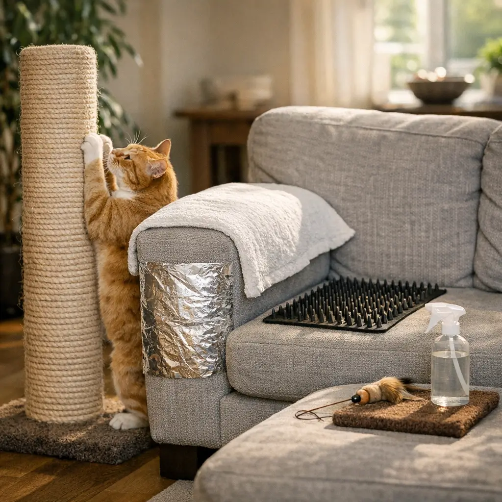 Como evitar que o gato afie a unha no sofá em casa, gato usando arranhador e sofá protegido
