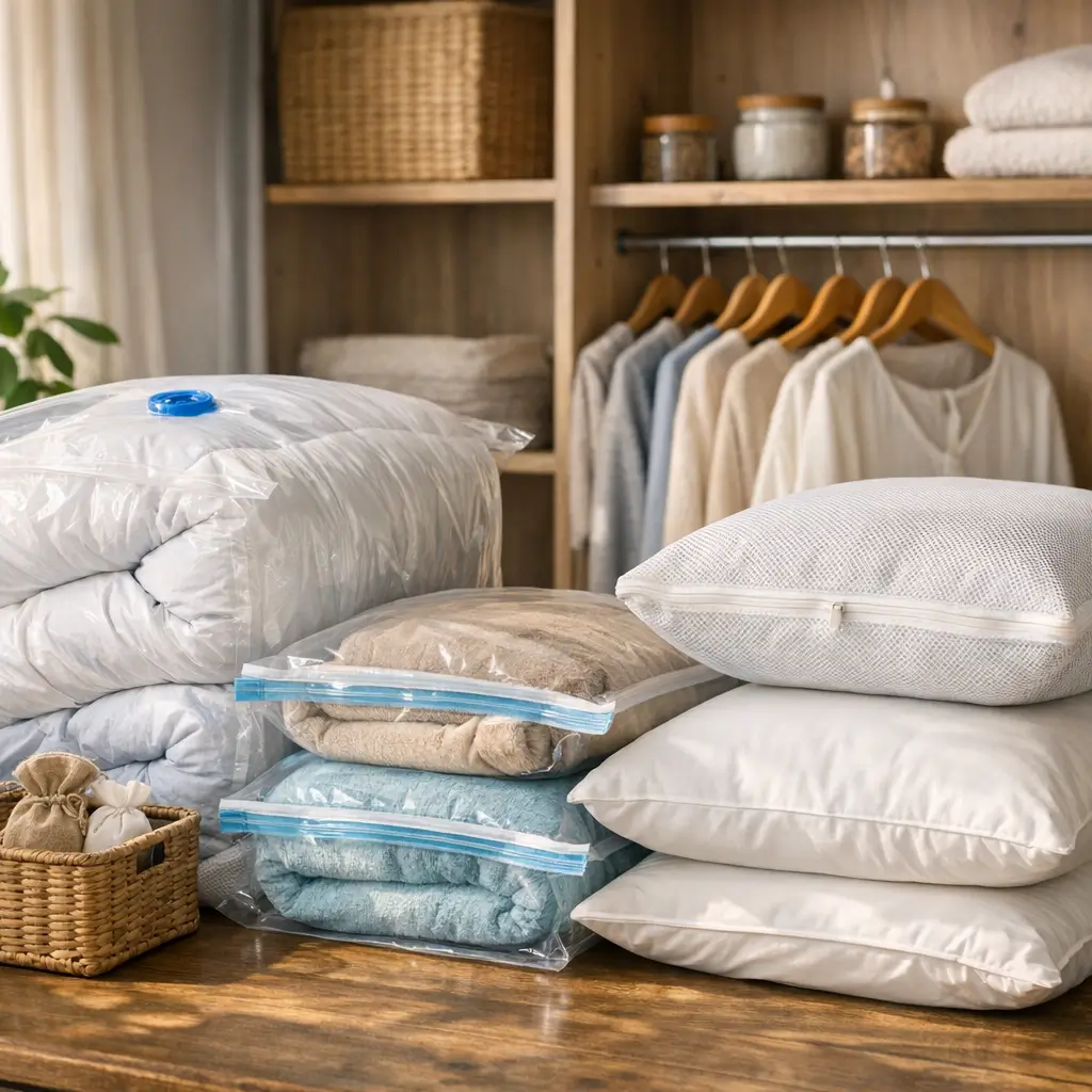 Como guardar edredom, cobertor e travesseiro fora do inverno em sacos a vácuo e capas organizadoras em frente ao guarda-roupa