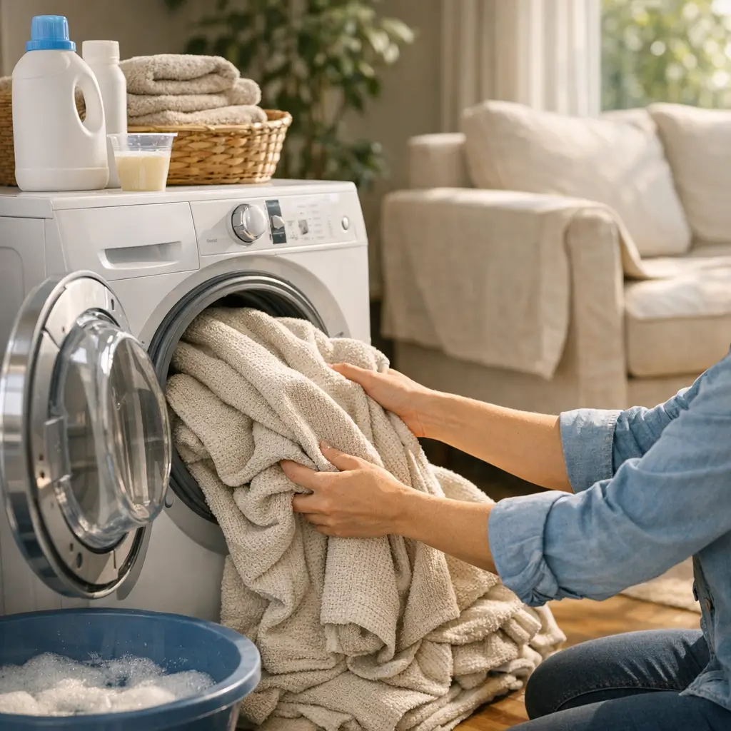 Como lavar capa de sofá sem encolher o tecido com mãos colocando capa bege na máquina de lavar