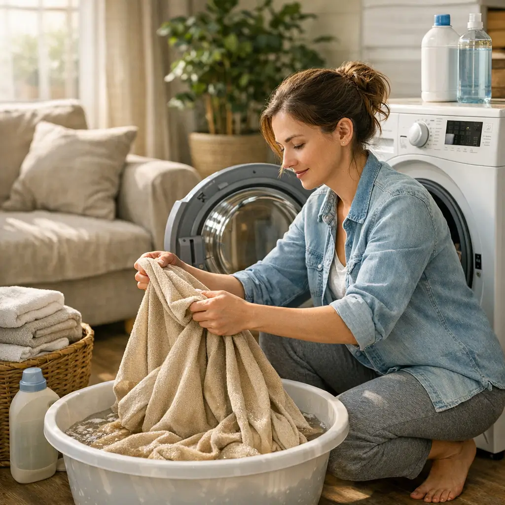 Como lavar capa de sofá sem encolher o tecido com mulher lavando capa à mão em bacia com água