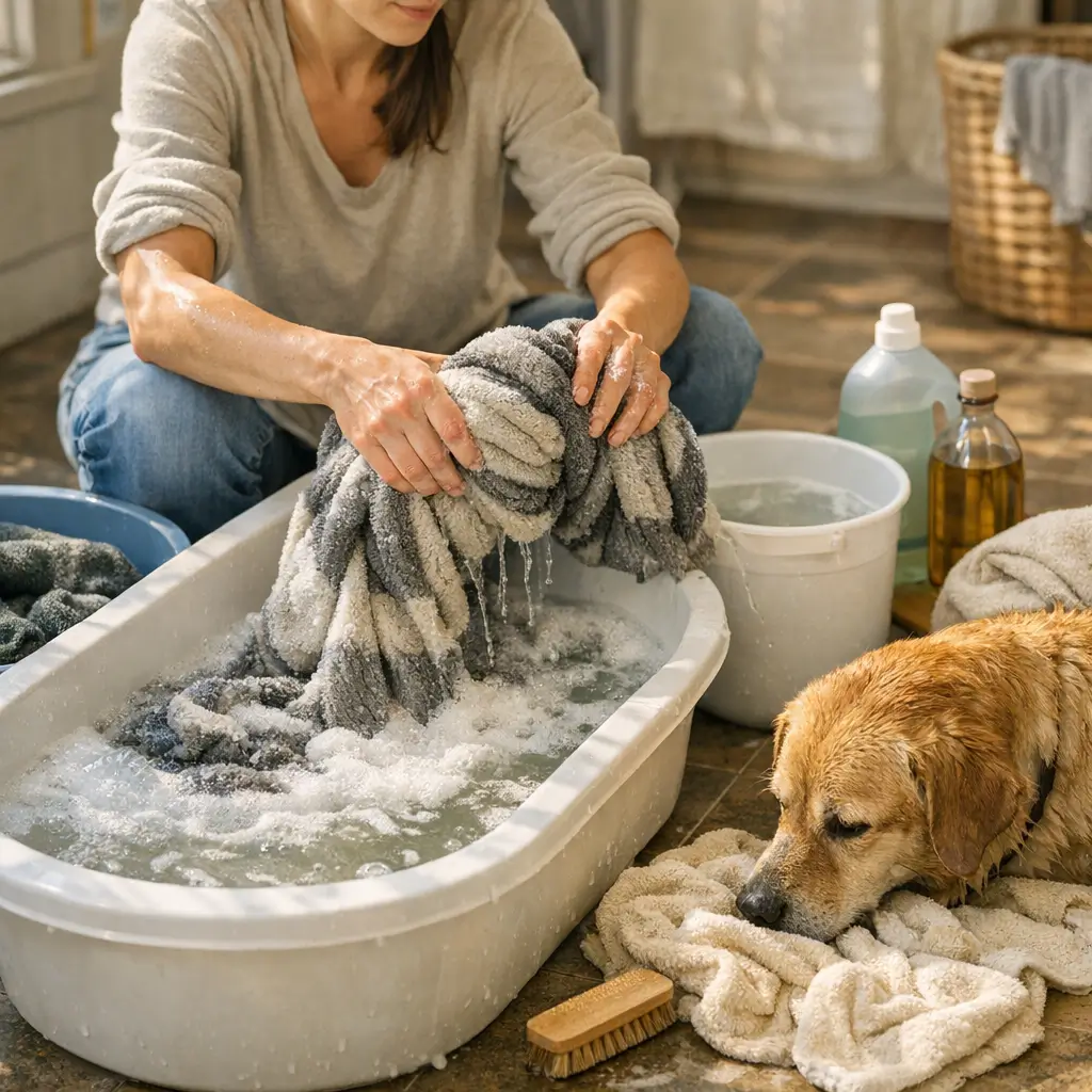 Como lavar cobertor pesado em casa sem máquina grande, pessoa lavando cobertor felpudo em bacia com cachorro deitado ao lado