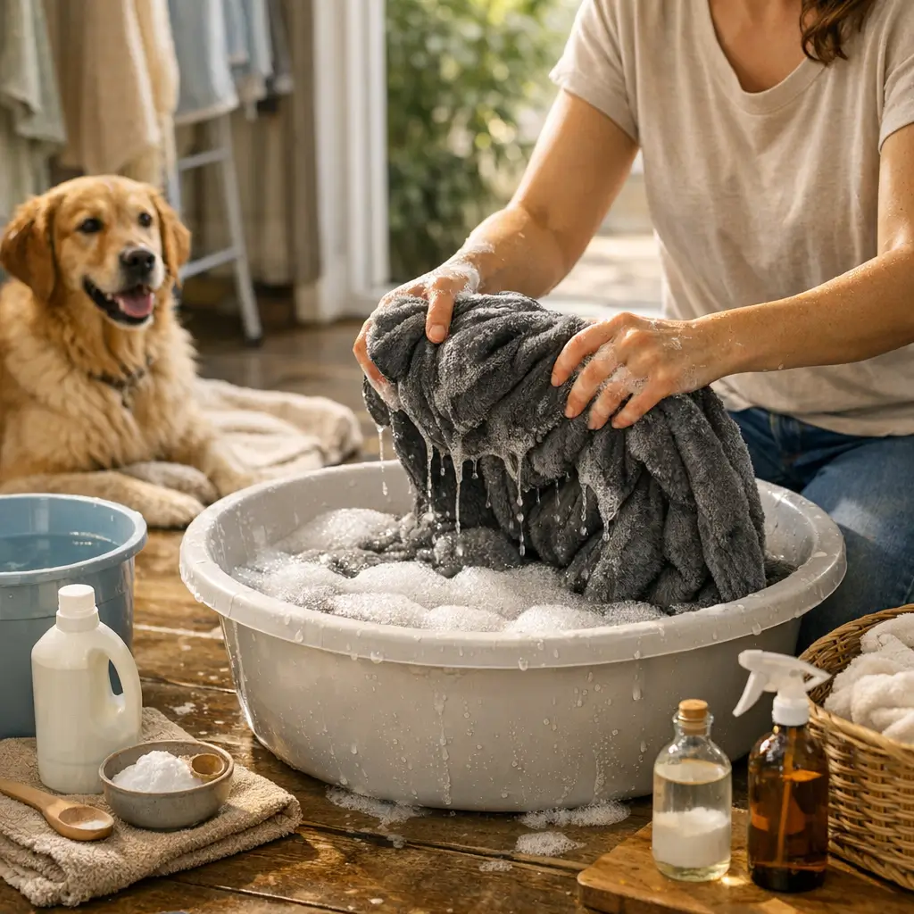 Como lavar cobertor pesado em casa sem máquina grande, pessoa lavando cobertor grosso em bacia com sabão e cachorro ao fundo