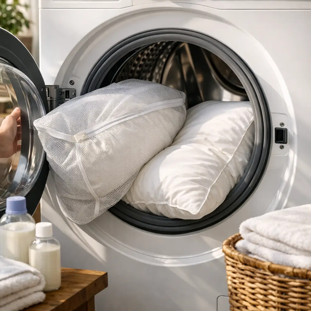 Como lavar travesseiro na máquina com travesseiro em saco protetor dentro da lavadora e toalhas ao lado