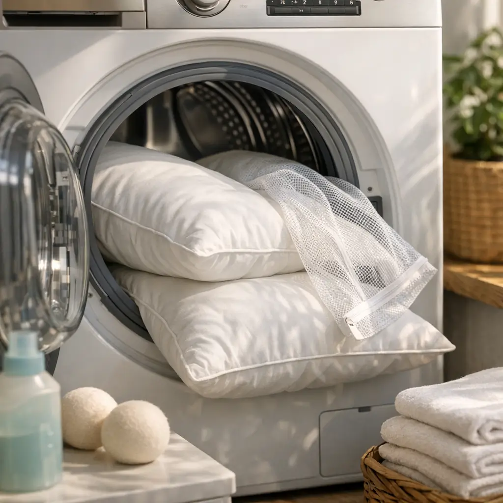 Como lavar travesseiro na máquina com travesseiros brancos dentro da lavadora, saco de lavagem e toalhas ao lado