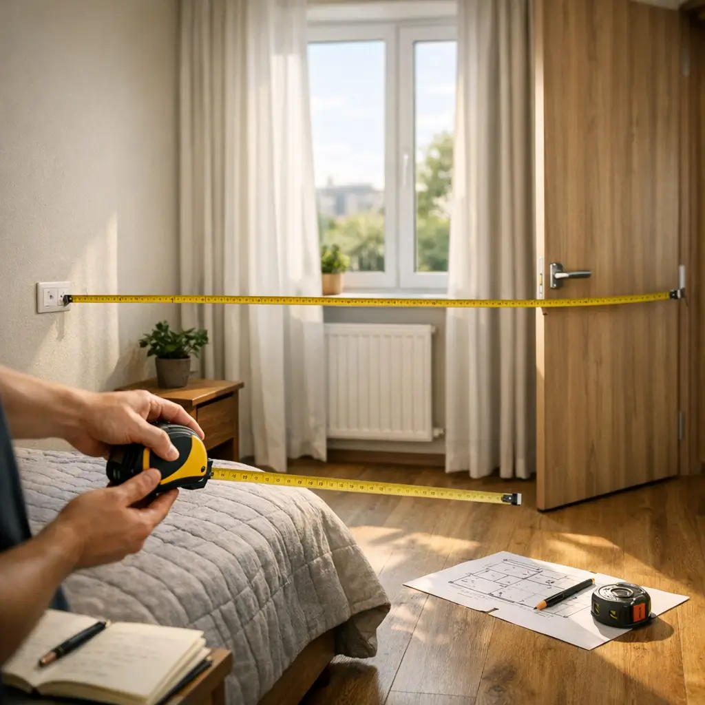 Como medir o quarto para comprar guarda roupa com fita métrica entre parede e porta no quarto