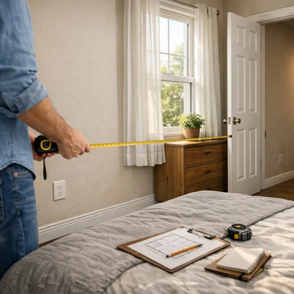 Como medir o quarto para comprar guarda roupa com fita métrica esticada entre parede e cômoda no quarto