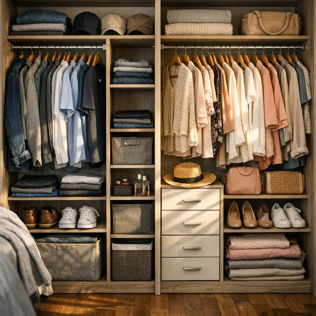 Como organizar guarda-roupa de casal: dicas simples com armário aberto de madeira, roupas dobradas e penduradas, caixas, sapatos e bolsas organizadas
