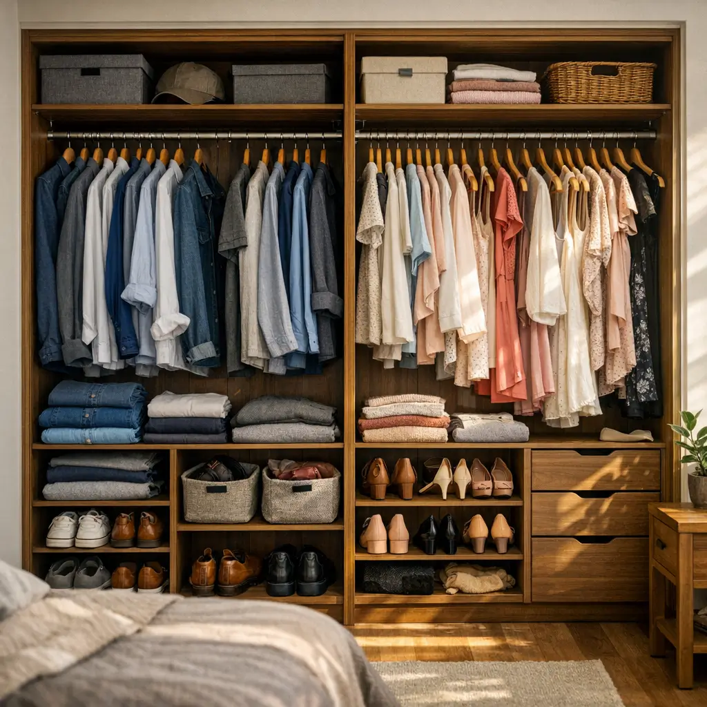 Como organizar guarda-roupa de casal: dicas simples com armário aberto de madeira, roupas penduradas, jeans dobrados, cestos e sapatos alinhados