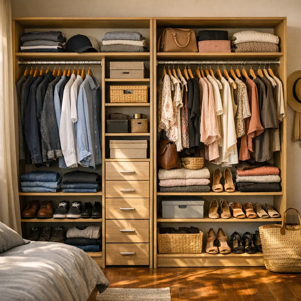 Como organizar guarda-roupa de casal: dicas simples com armário de madeira aberto, roupas penduradas, sapatos organizados e cestos
