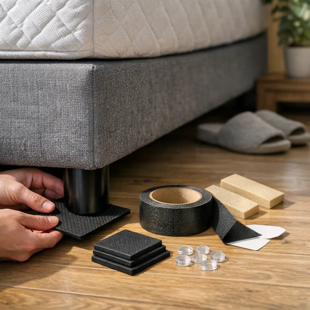 Como parar cama box de escorregar no piso liso com fita e apoios antiderrapantes sob o pé da cama