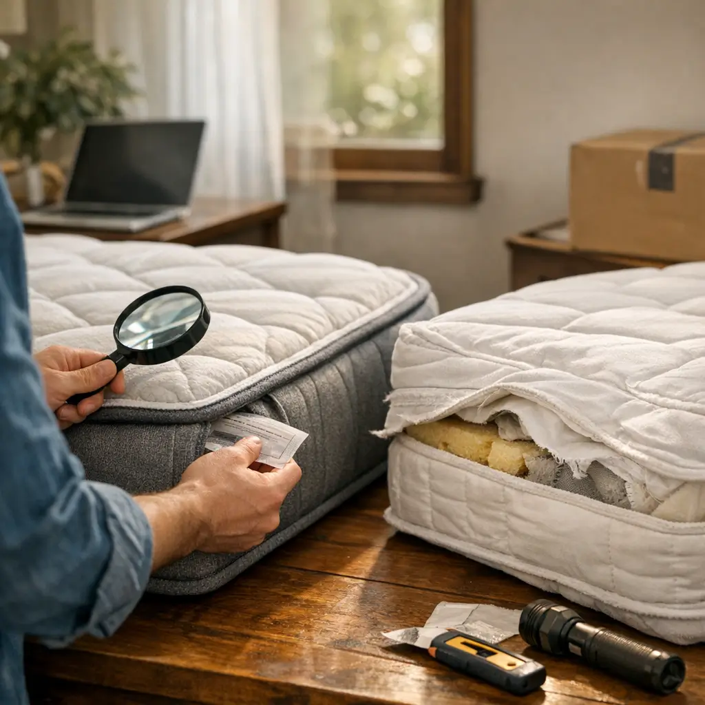 Como saber se o colchão é original ao comprar online, pessoa conferindo etiqueta do colchão com lupa ao lado de colchão danificado