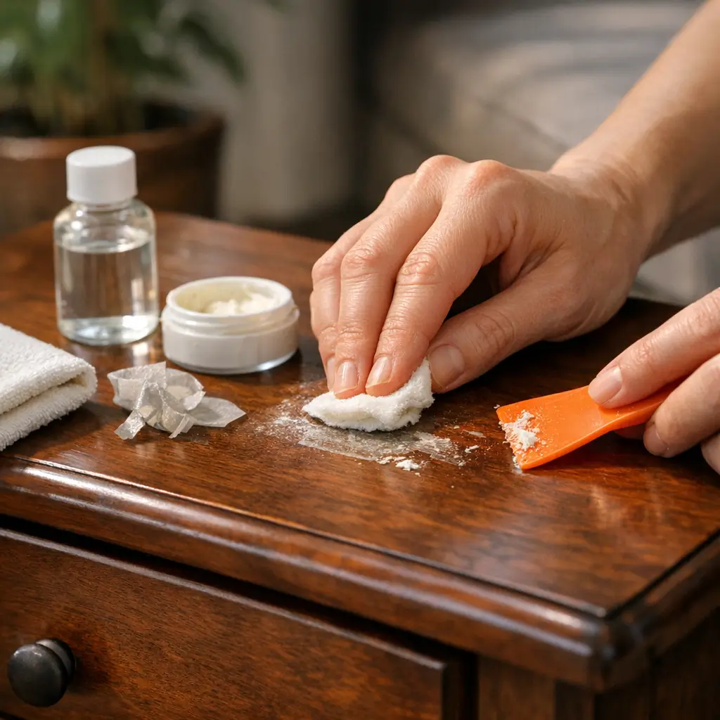 Como tirar cola de etiqueta do móvel sem danificar: mão esfregando cola em madeira com pano e espátula plástica