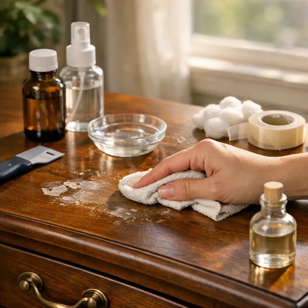 Como tirar cola de etiqueta do móvel sem danificar: mão limpando cola em móvel de madeira com pano e frascos ao lado