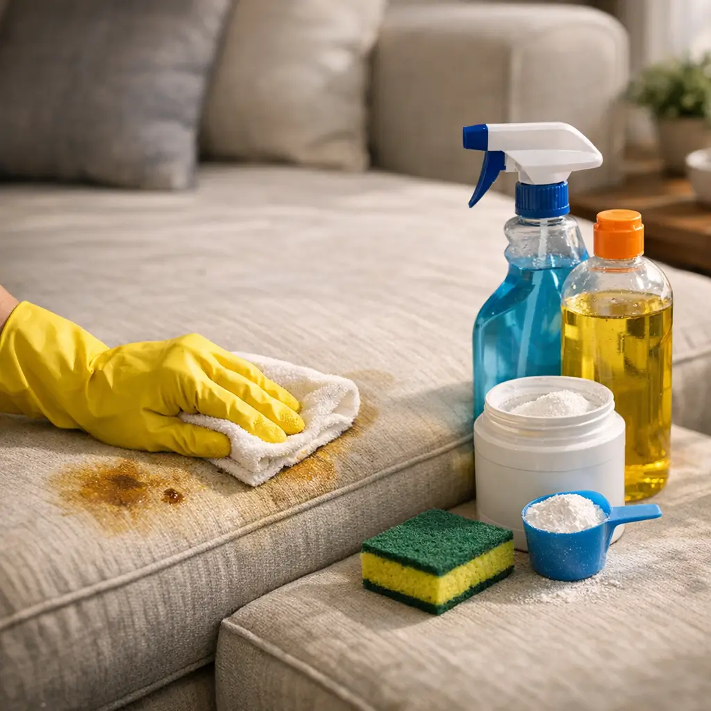 Como tirar mancha de gordura do sofá sem estragar o tecido com pano branco, luva amarela, esponja e produtos de limpeza