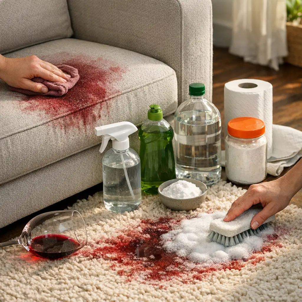 Como tirar mancha de vinho tinto do sofá com produtos de limpeza no estofado e no tapete