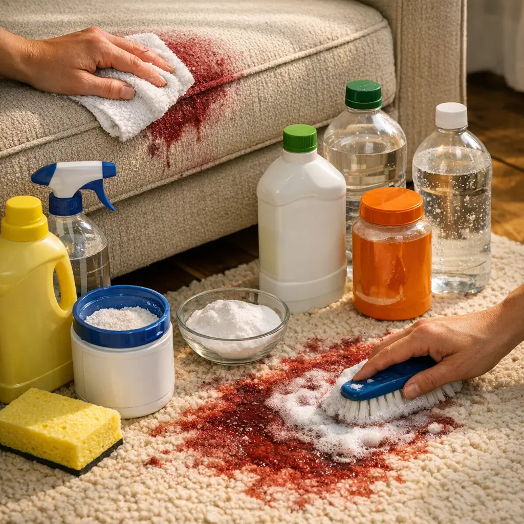 Como tirar mancha de vinho tinto do sofá e do tapete com escova e produtos de limpeza