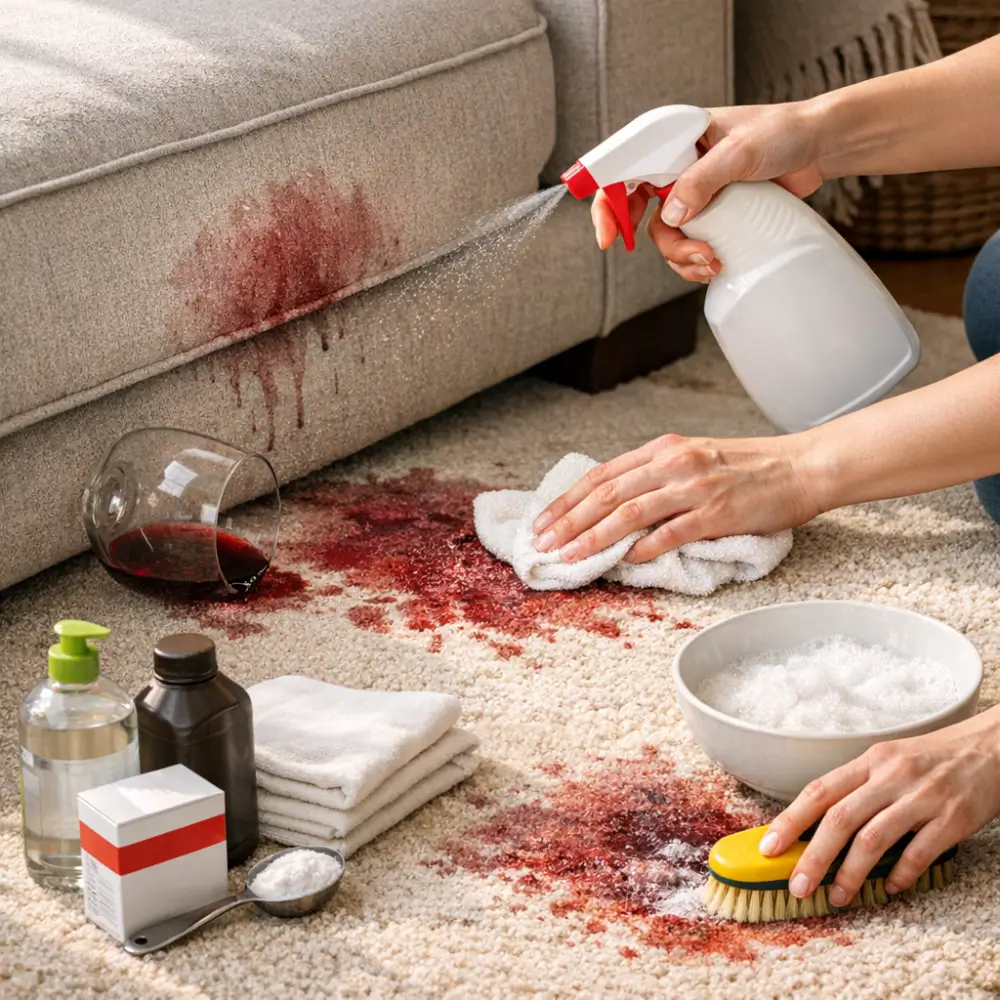 Como tirar mancha de vinho tinto do sofá e do tapete com produtos de limpeza