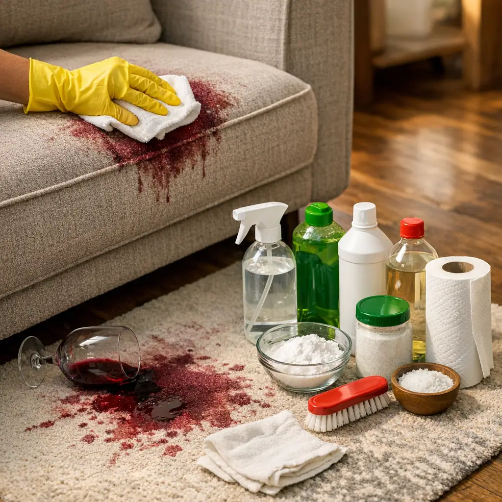 Como tirar mancha de vinho tinto do sofá usando pano, produtos de limpeza e papel toalha sobre tapete manchado